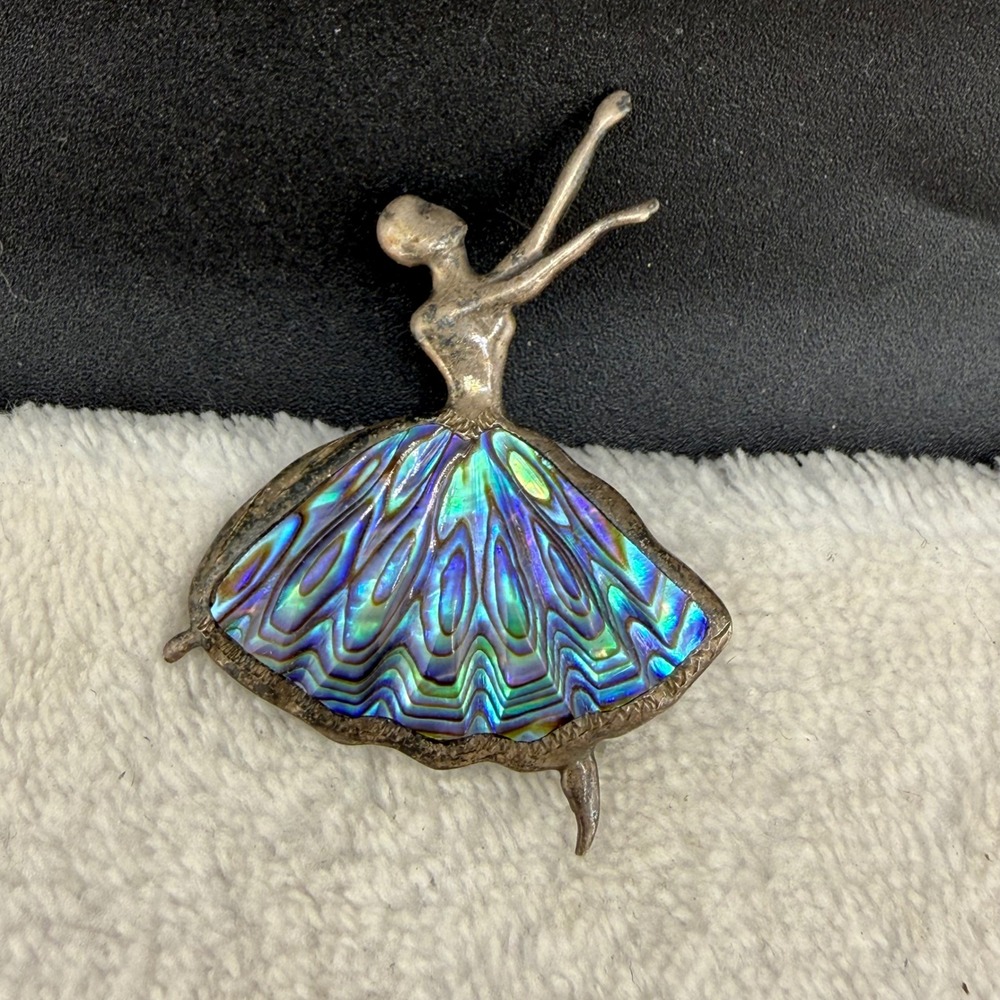 Vintage Ballerina Brooch Abalone Shell Inlay Silver Tone - Picture 2 of 9